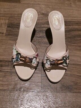 Y2K Gucci Fora Beige Floral Canvas Bamboo Horsebit Slide Mules